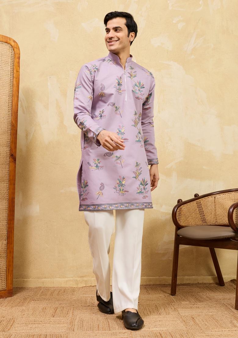 Dusty Purple Embroidered Silk Blend Kurta For Men - Indya