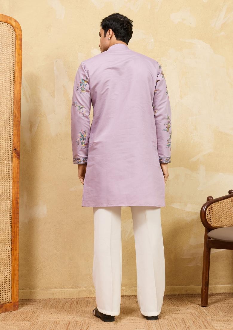 Dusty Purple Embroidered Silk Blend Kurta For Men - Indya
