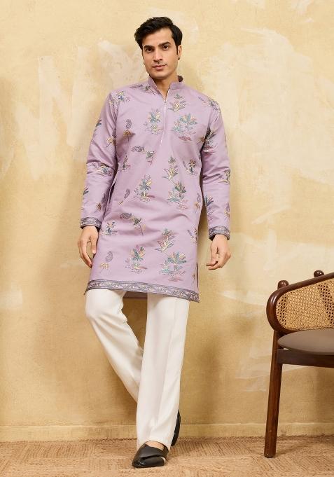 Dusty Purple Embroidered Silk Kurta For Men