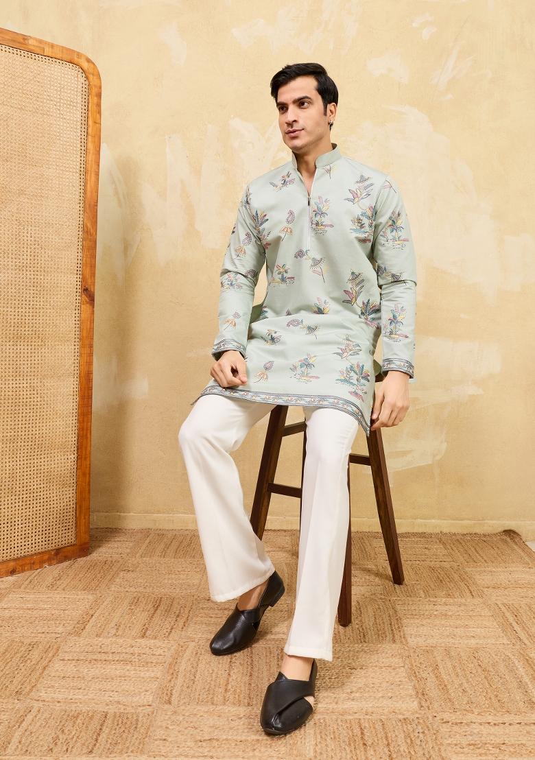 Pista Green Embroidered Silk Blend Kurta For Men - Indya