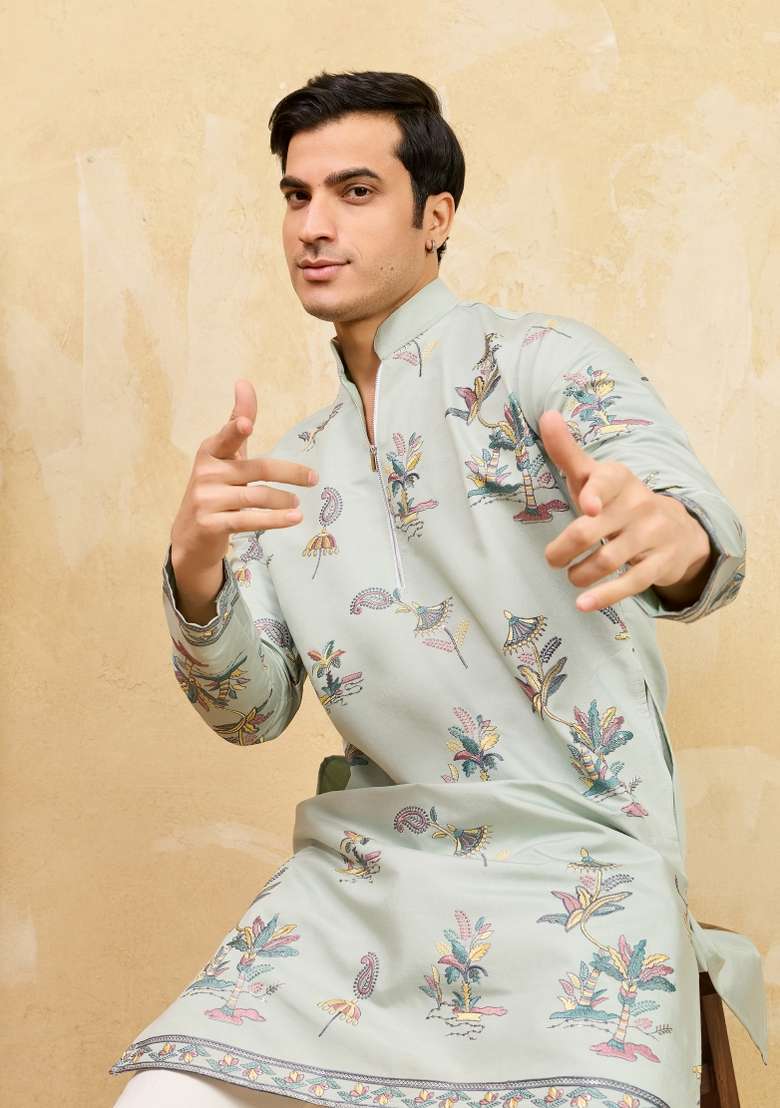 Pista Green Embroidered Silk Blend Kurta For Men - Indya