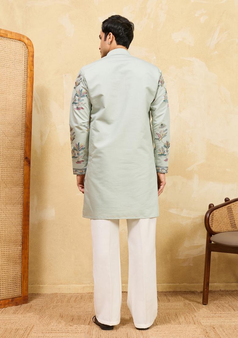 Pista Green Embroidered Silk Blend Kurta For Men - Indya
