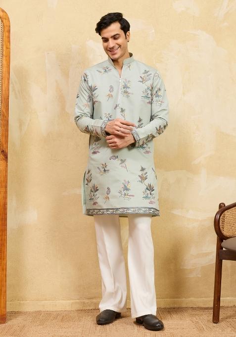 Pista Green Embroidered Silk Kurta For Men