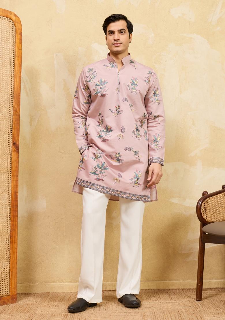 Pink Embroidered Silk Blend Kurta For Men - Indya