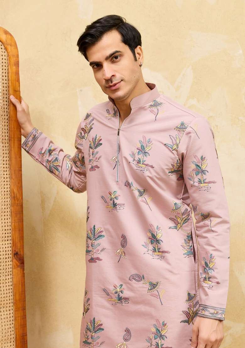 Pink Embroidered Silk Blend Kurta For Men - Indya