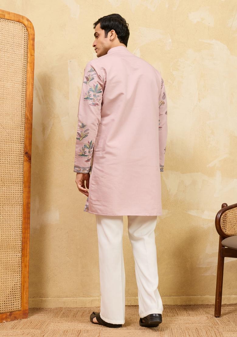 Pink Embroidered Silk Blend Kurta For Men - Indya