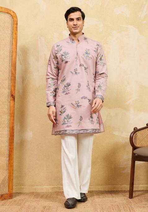 Pink Embroidered Silk Kurta For Men