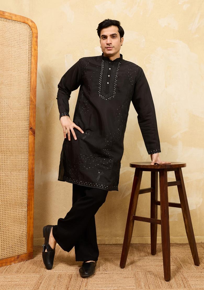 Black Embroidered Silk Blend Kurta For Men - Indya