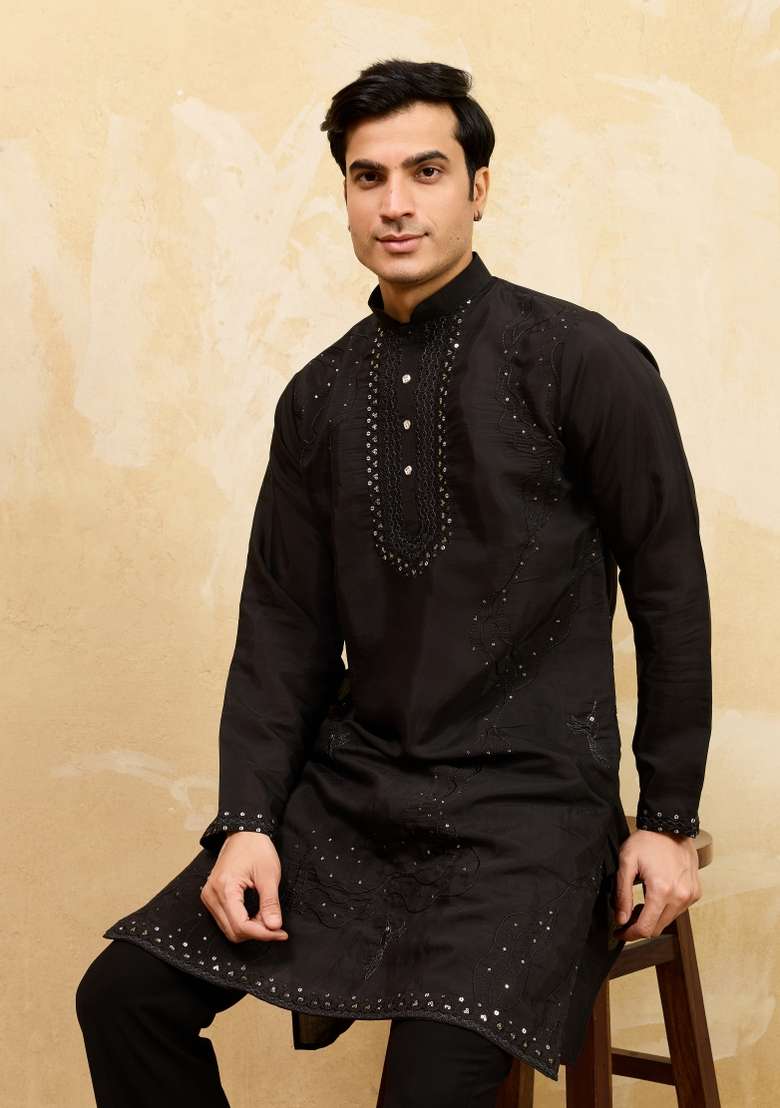 Black Embroidered Silk Blend Kurta For Men - Indya
