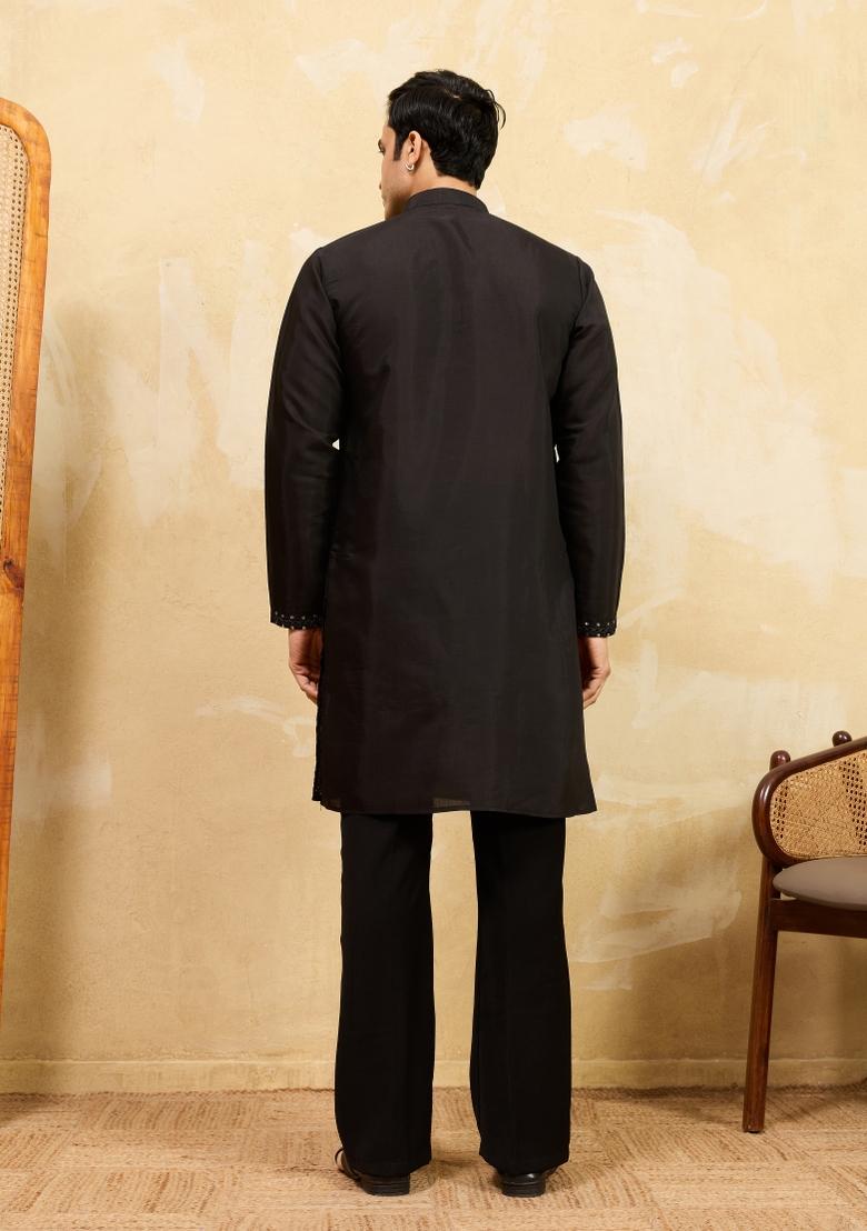 Black Embroidered Silk Blend Kurta For Men - Indya