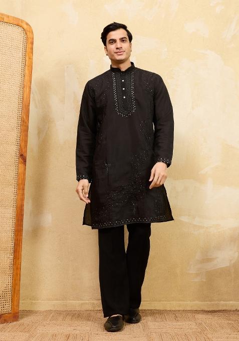 Black Embroidered Silk Kurta For Men
