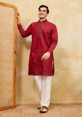 Red Embroidered Silk Blend Kurta For Men