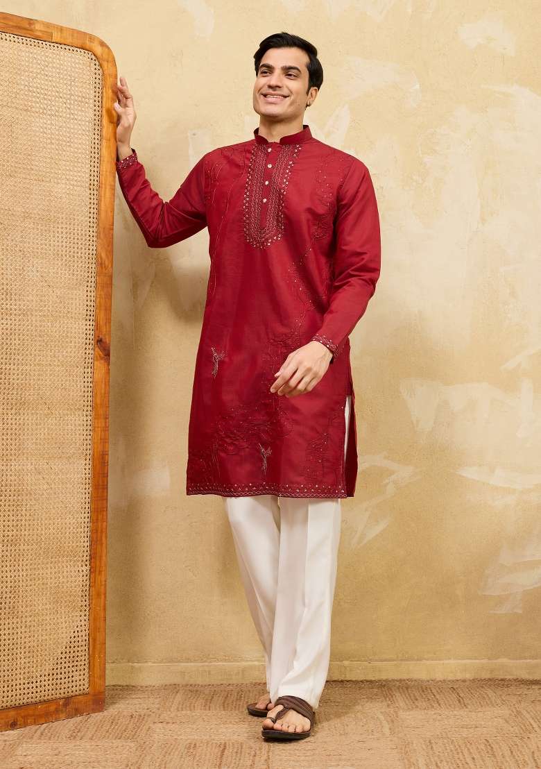 Red Embroidered Silk Blend Kurta For Men - Indya