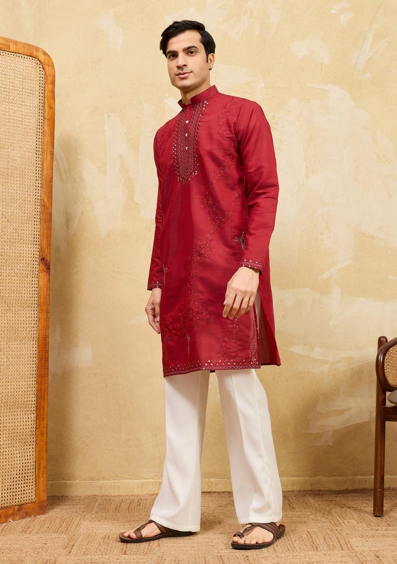 Red Embroidered Silk Blend Kurta For Men - Indya