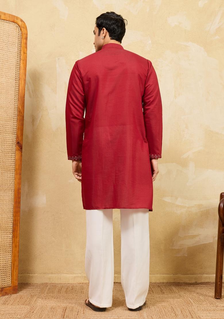 Red Embroidered Silk Blend Kurta For Men - Indya