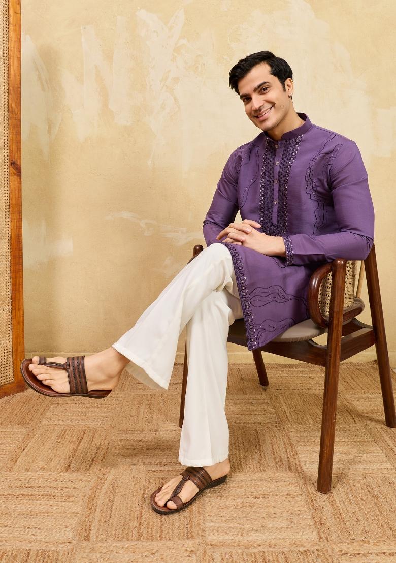 Purple Embroidered Silk Blend Kurta For Men - Indya