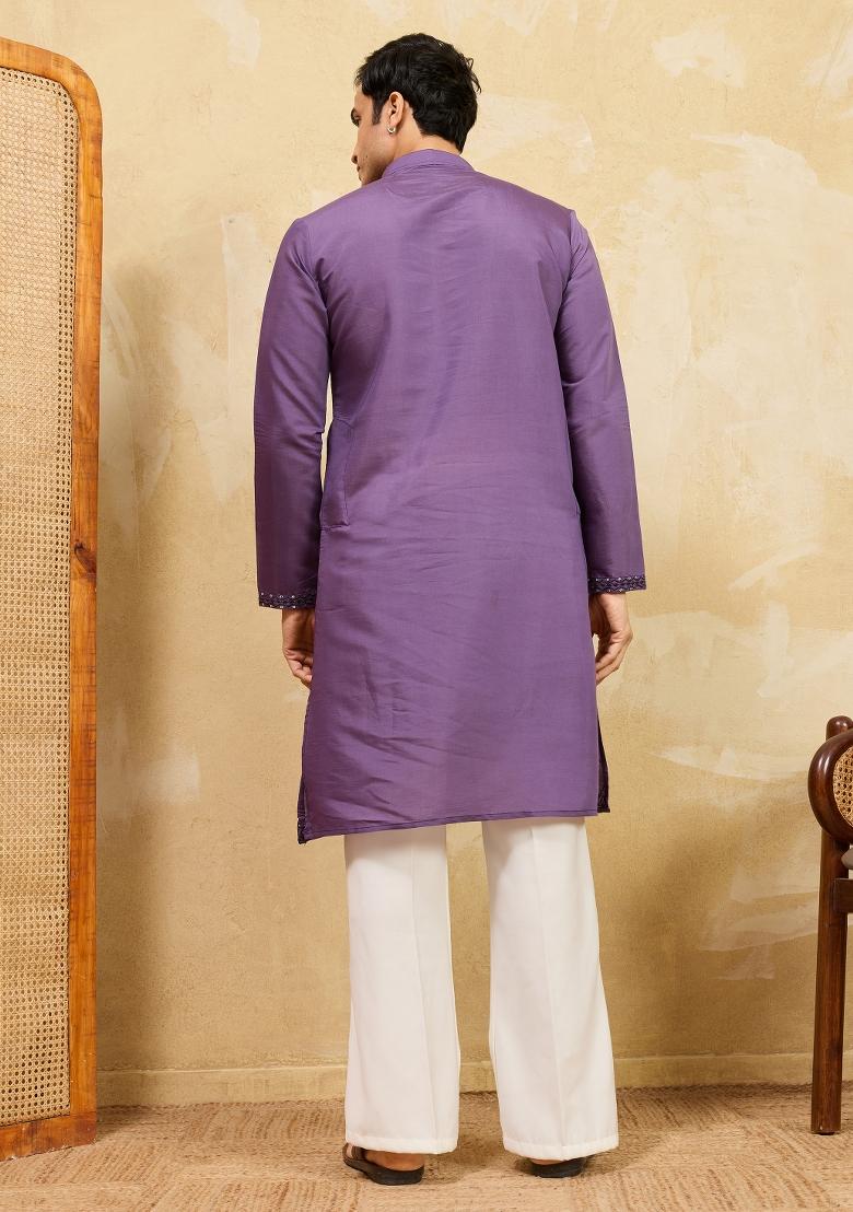 Purple Embroidered Silk Blend Kurta For Men - Indya
