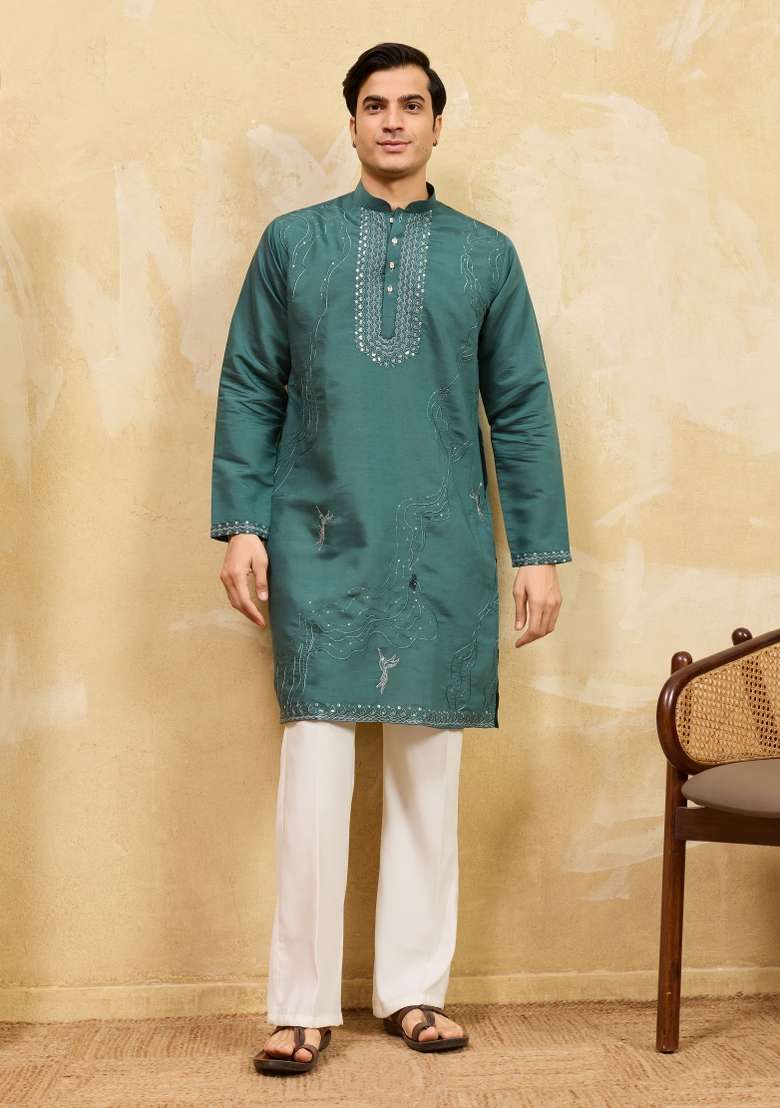 Rama Green Embroidered Silk Blend Kurta For Men - Indya