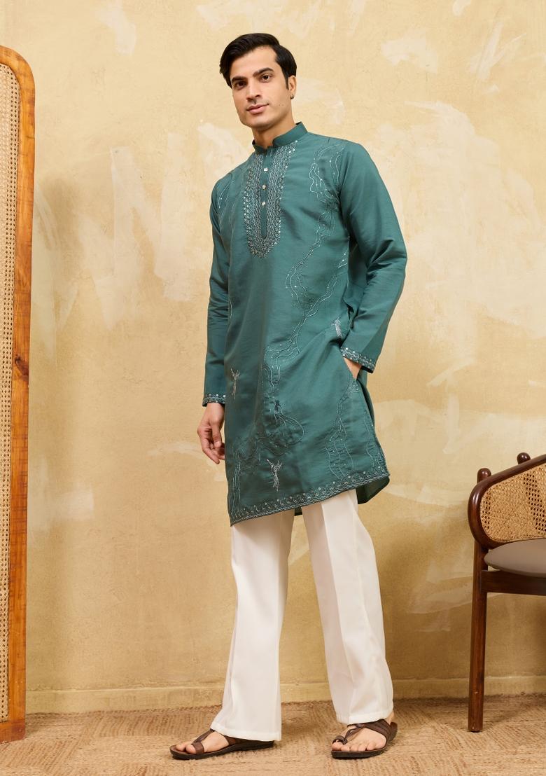 Rama Green Embroidered Silk Blend Kurta For Men - Indya