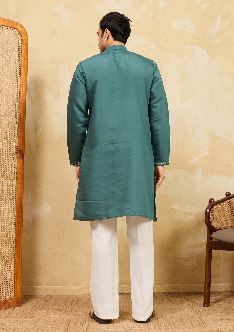 Rama Green Embroidered Silk Blend Kurta For Men - Indya