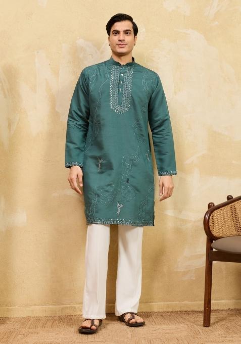 Rama Green Embroidered Silk Kurta For Men