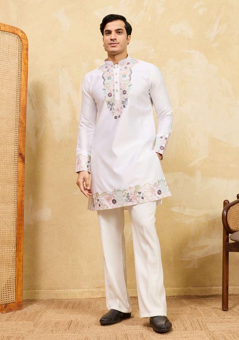 White Embroidered Silk Kurta For Men - Indya