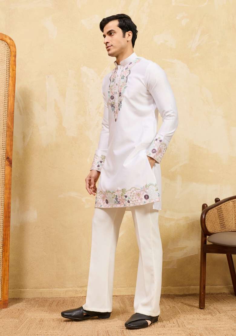 White Embroidered Silk Kurta For Men - Indya