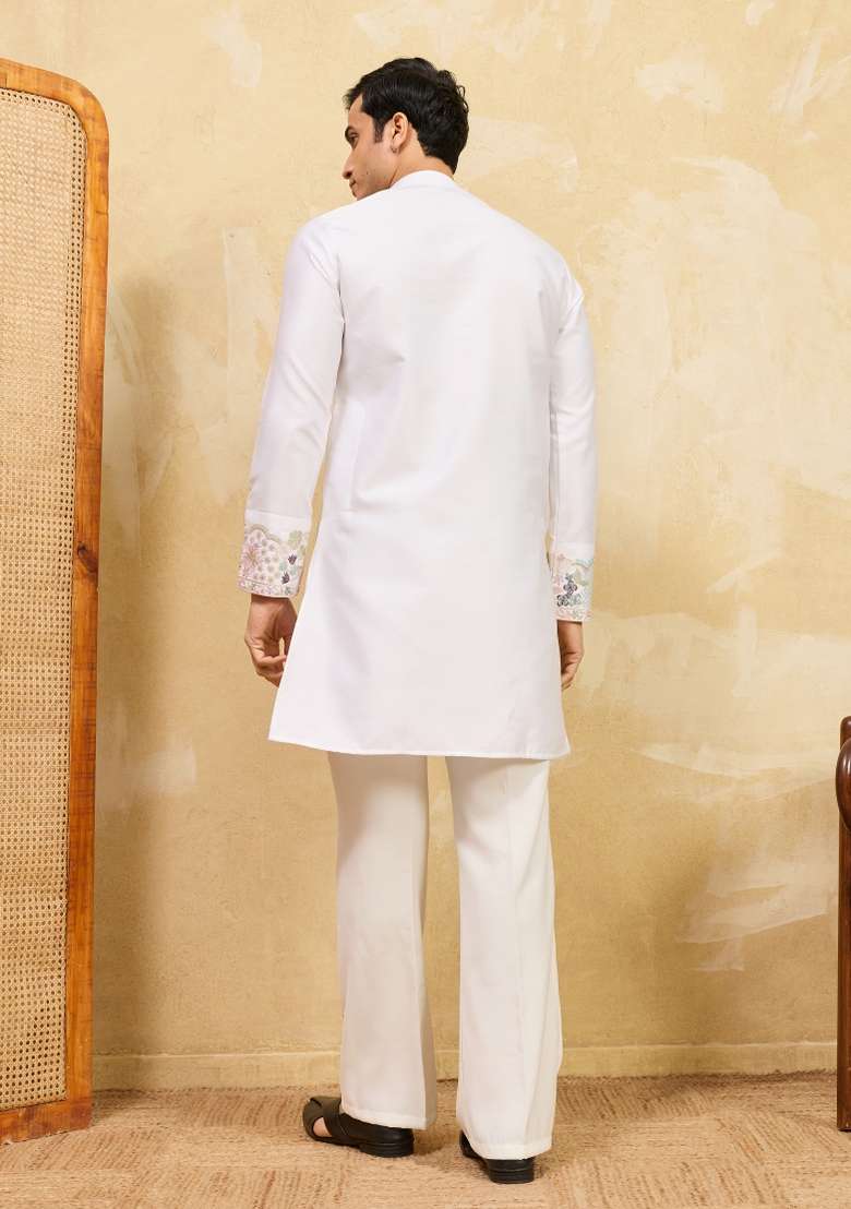 White Embroidered Silk Kurta For Men - Indya