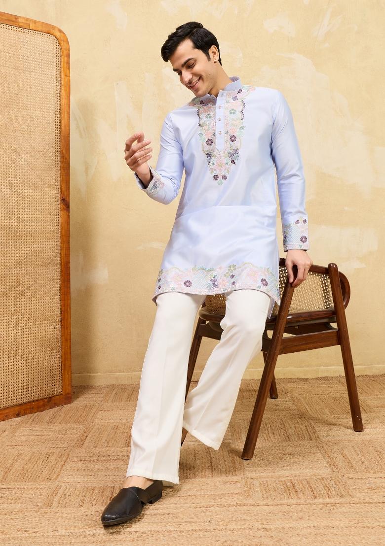 Sky Blue Embroidered Silk Blend Kurta For Men - Indya
