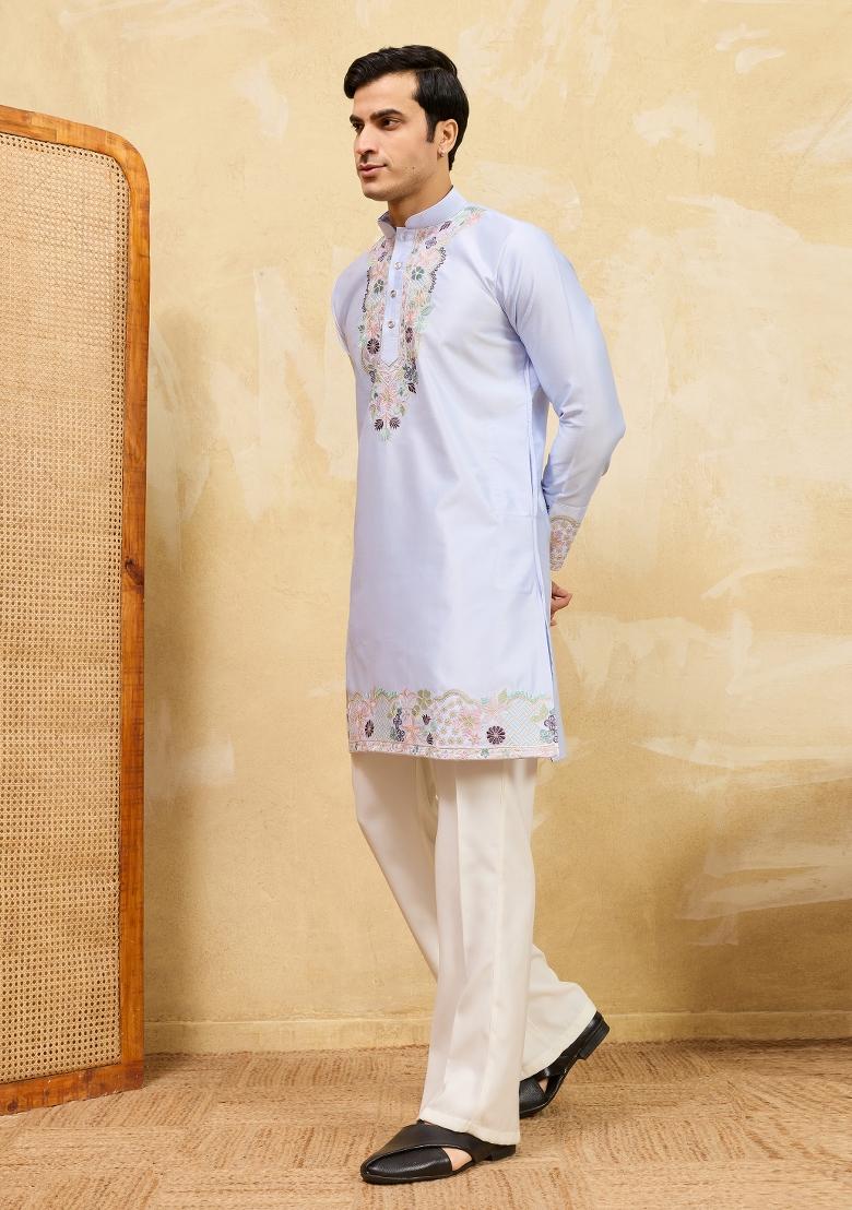 Sky Blue Embroidered Silk Blend Kurta For Men - Indya