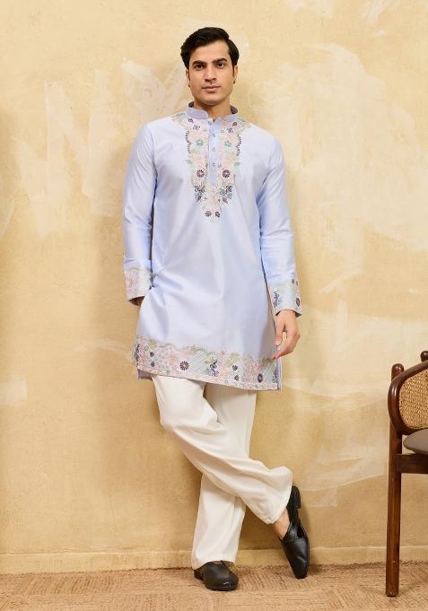 Sky Blue Embroidered Silk Kurta For Men