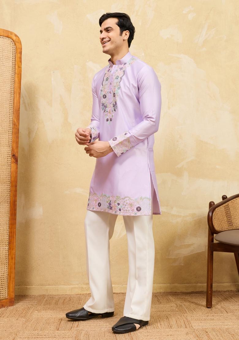 Lavender Embroidered Silk Blend Kurta For Men - Indya