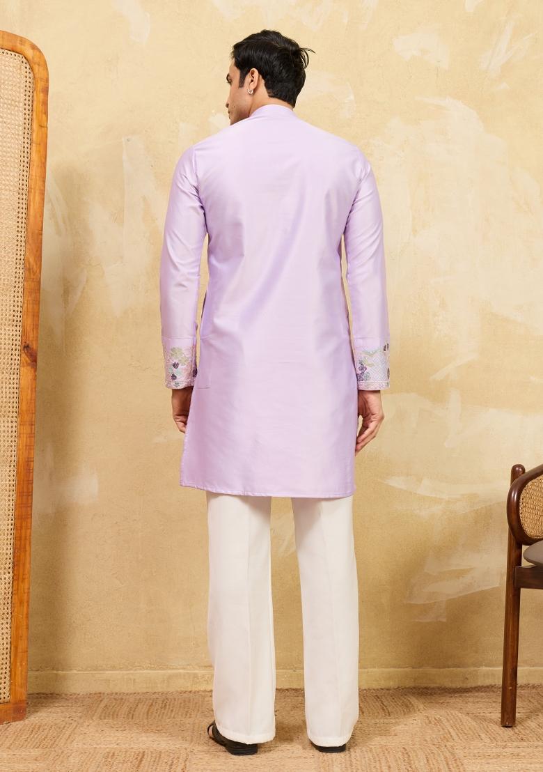 Lavender Embroidered Silk Blend Kurta For Men - Indya