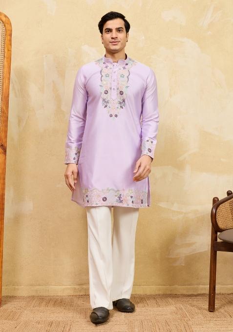 Lavender Embroidered Silk Kurta For Men