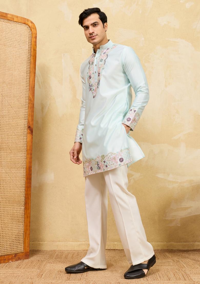Pista Green Embroidered Silk Blend Kurta For Men - Indya
