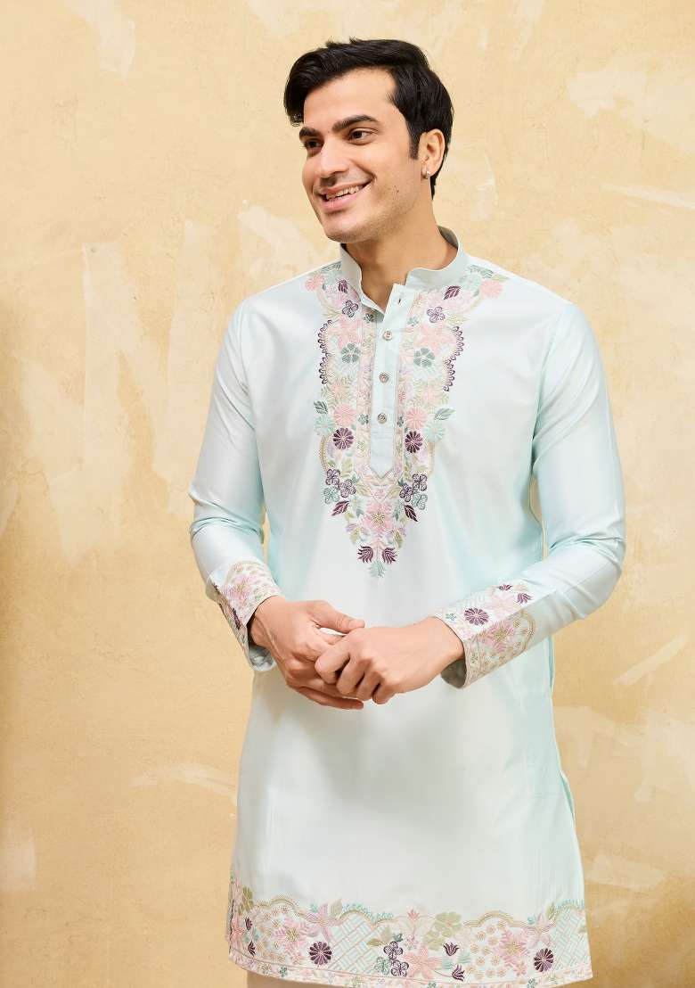 Pista Green Embroidered Silk Blend Kurta For Men - Indya