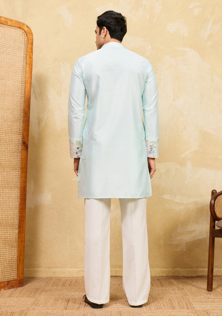 Pista Green Embroidered Silk Blend Kurta For Men - Indya