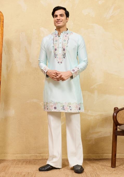 Pista Green Embroidered Silk Kurta For Men