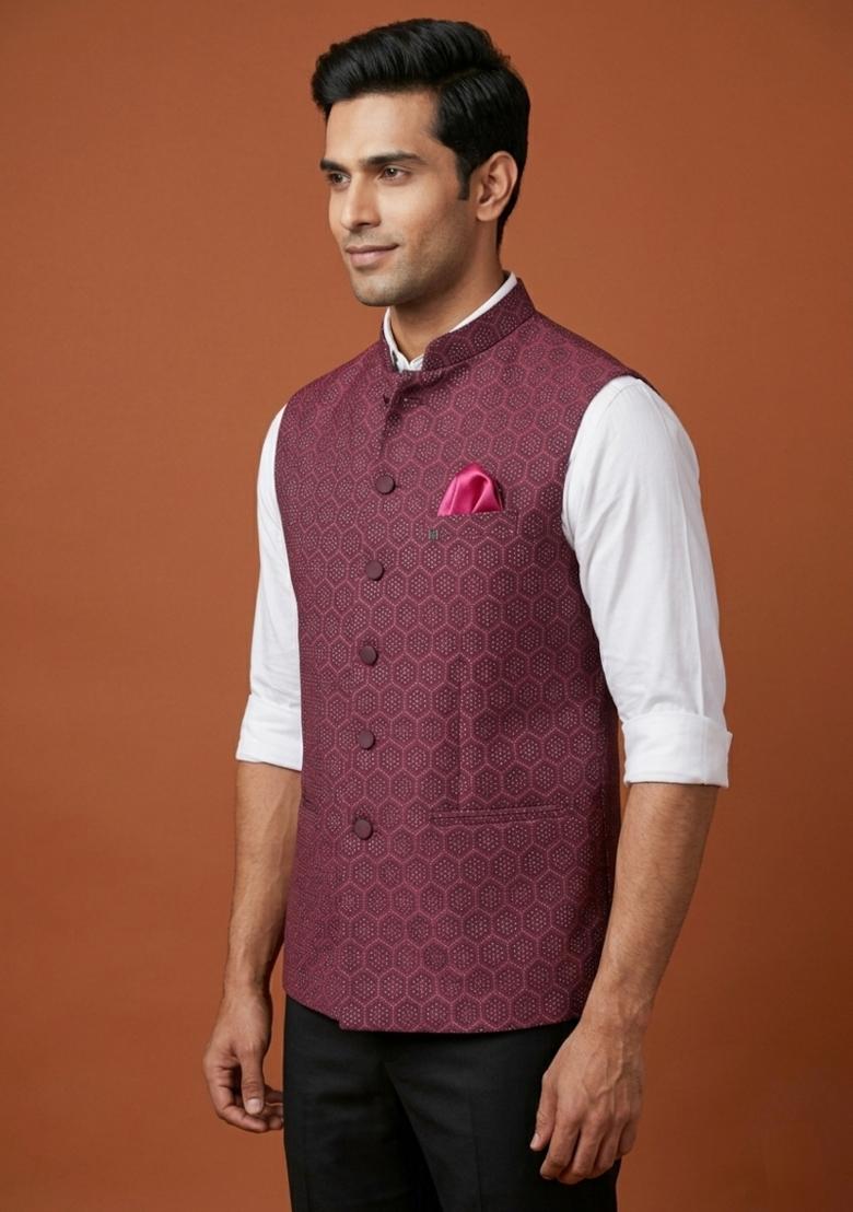 Maroon Embroidered Silk Blend Waistcoat For Men - Indya
