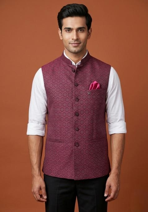 Maroon Embroidered Silk Waistcoat For Men
