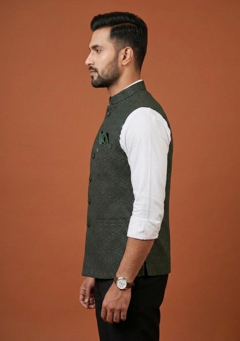 White Embroidered Silk Blend Waistcoat For Men - Indya