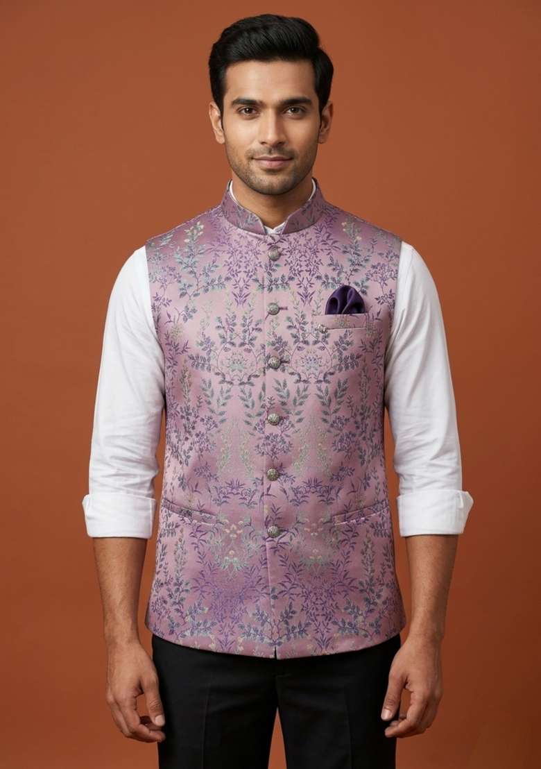 Pink Printed Silk Blend Waistcoat For Men - Indya