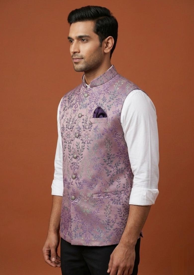 Pink Printed Silk Blend Waistcoat For Men - Indya