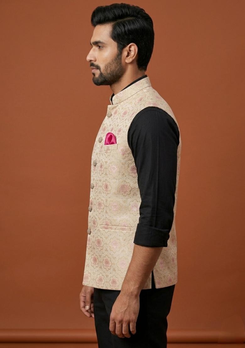 Golden Embroidered Silk Blend Waistcoat For Men - Indya