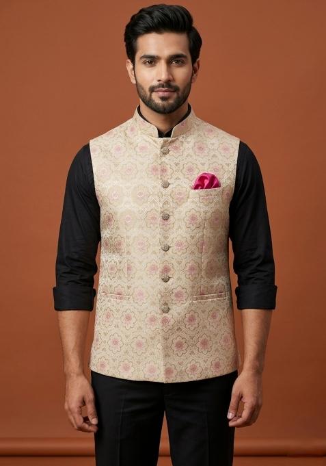 Golden Embroidered Silk Waistcoat For Men