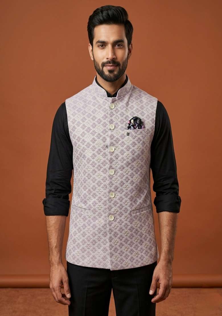 Pink Embroidered Silk Blend Waistcoat For Men - Indya