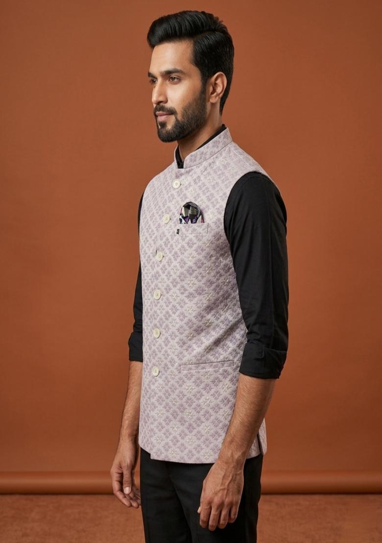 Pink Embroidered Silk Blend Waistcoat For Men - Indya