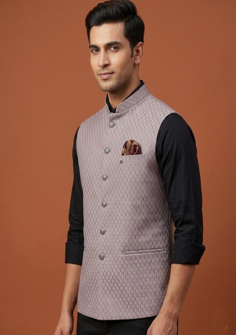 Grey Embroidered Silk Blend Waistcoat For Men - Indya