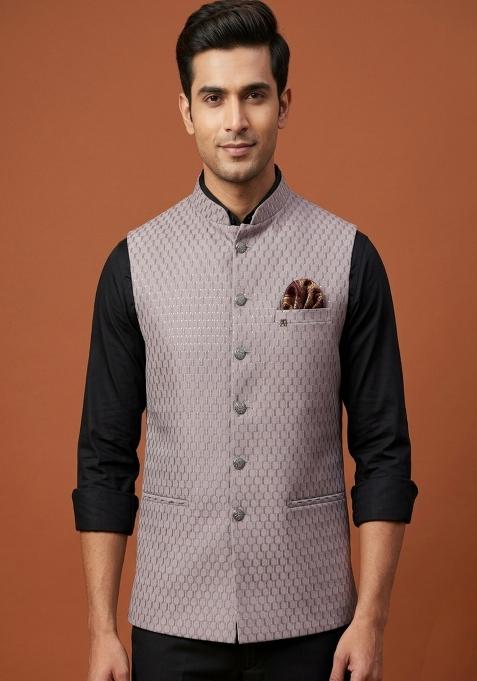 Grey Embroidered Silk Waistcoat For Men