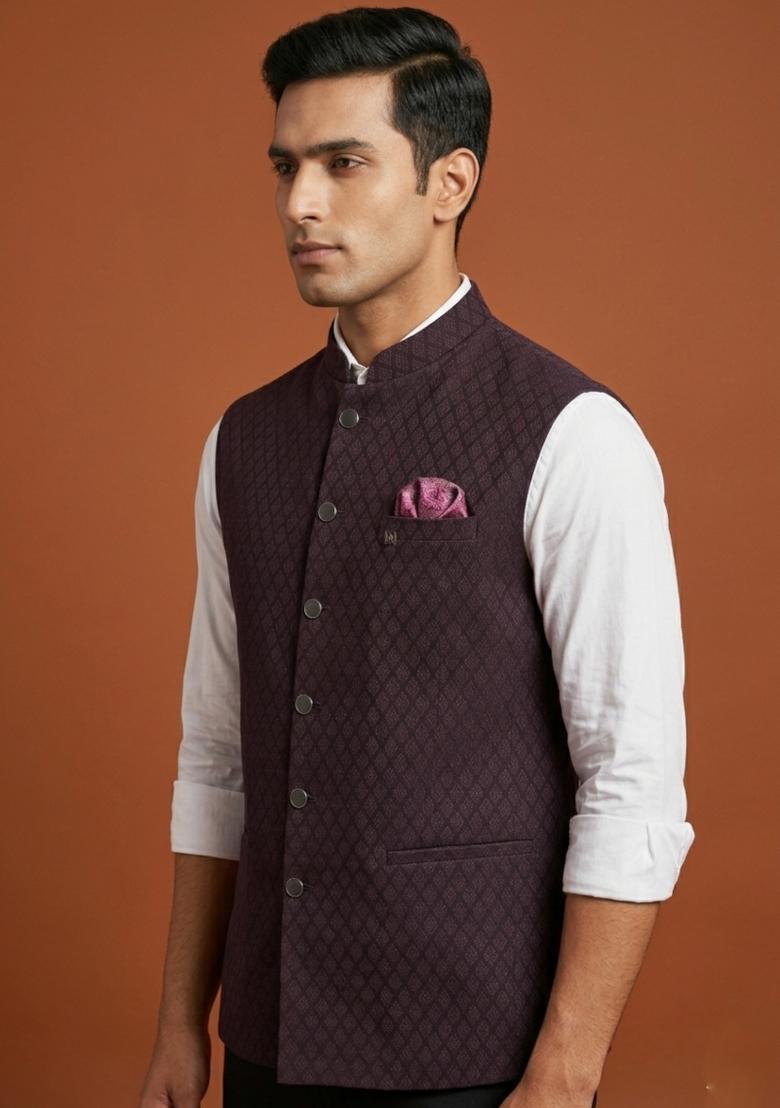 Maroon Embroidered Silk Blend Waistcoat For Men - Indya